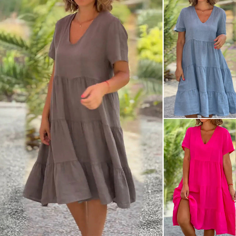 Cotton linen v-neck solid color dress