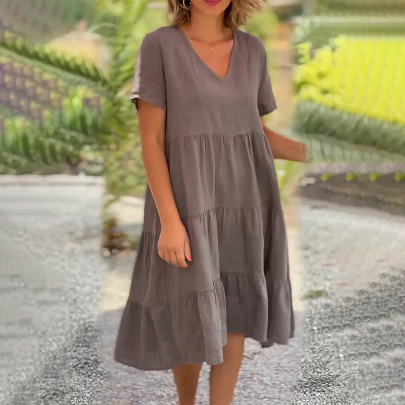 Cotton linen v-neck solid color dress